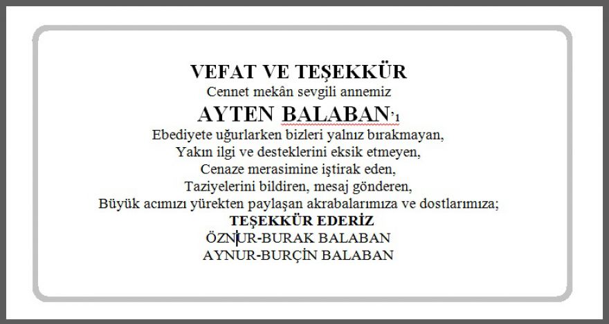 VEFAT VE TEŞEKKÜR