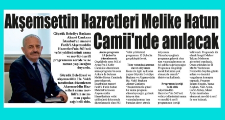 Akşemsettin Hazretleri Melike Hatun Camii'nde anılacak